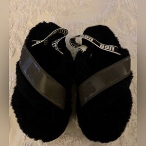 LIKE NEW UGG BLACK PLUSH SLIDES WITH STRAP & PVC LOGO TRIM, SIZE 10, ORIG $185